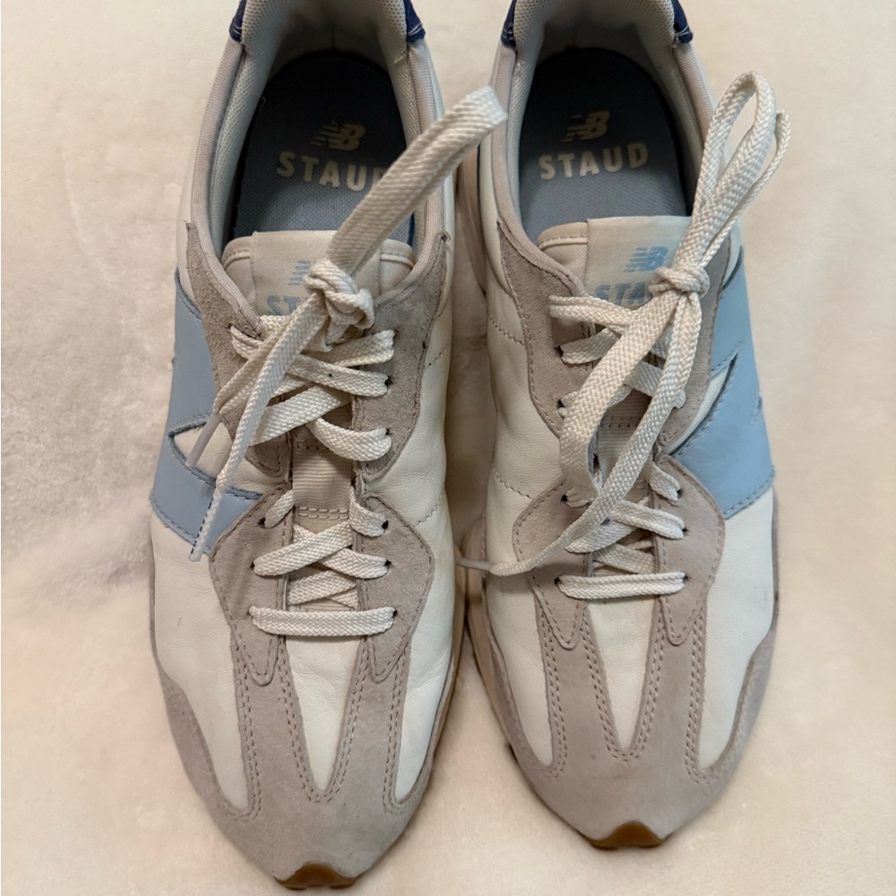 New Balance Men's White and Blue Sneakers Staud 327, clean, no spots.